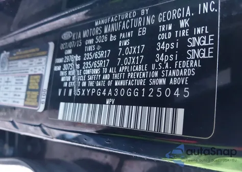 2016 Kia Sorento 2.4L L from USA, damaged, VIN 5XYPG4A30GG125045